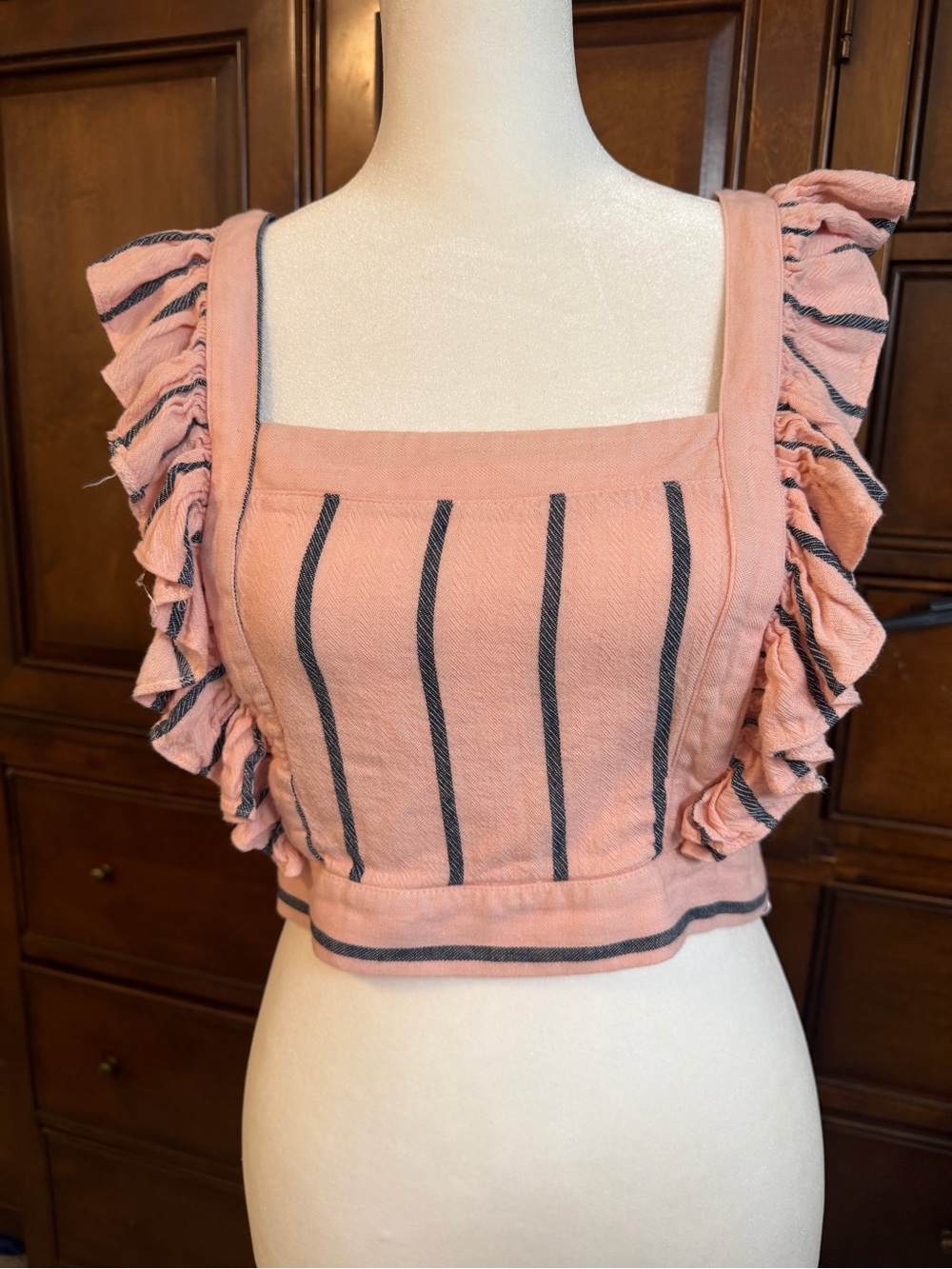 ELA Pink Striped Ruffle Crop Top - size Small